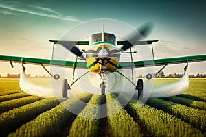 Green crop duster airplane aerially applies pesticide spraying on field , Generative AI