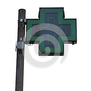 Green cross pharmacy sign isolated over white