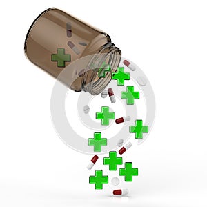 Green cross and pills falling