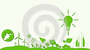 Green crumpled paper light bulb with energy environment icons on white background. CSR