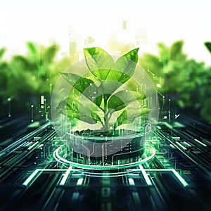 Green cryptocurrency and ecology concept plants grow from circuits