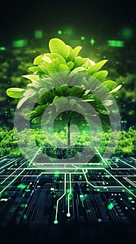 Green cryptocurrency and ecology concept plants grow from circuits