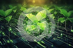 Green cryptocurrency and ecology concept plants grow from circuits