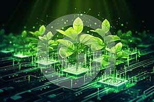 Green cryptocurrency and ecology concept plants grow from circuits