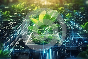 Green cryptocurrency and ecology concept plants grow from circuits