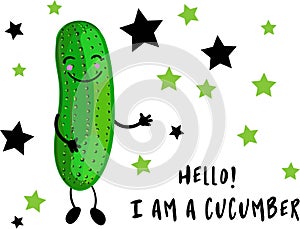 Green cucumber character with arms and legs on a white background. Smiles and eyes on their faces. Funny vegetables