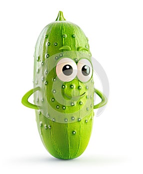 Green cucumber character with big eyes and a curious look