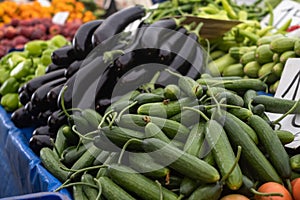 Green cucumbers and violet eggplants on market