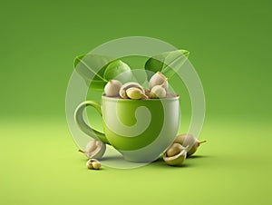 Green cup with nuts and leaves on green background