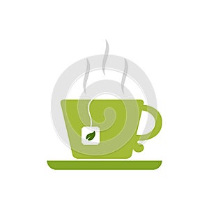 Green cup and saucer-flat icon.A mug with a tea bag and a green