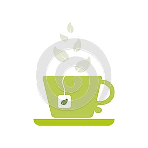 Green cup and saucer-flat icon.A mug with a tea bag and a green leaf. A cup of steamed green tea.Herbal Tea