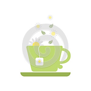 Green cup and saucer-flat icon.A mug with a tea bag and a green leaf. A cup of steamed green tea.Herbal Tea