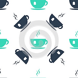 Green Cup with tea bag icon isolated seamless pattern on white background. Vector