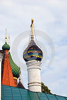 Green cupolas of an old orthodox church in Yaroslavl, Russia.