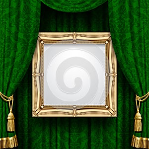 Green curtain with a gold frame