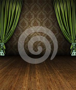 Green curtain stage opening in a vintage interior