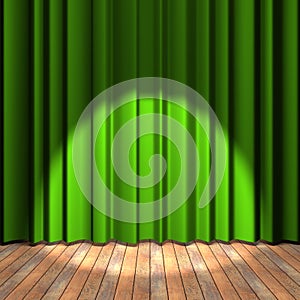 Green curtain stage with a spot light