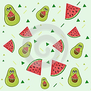 Green cute avocado seamless pattern with watermelon. Summer pattern. Avocado exercise vector illustration for background