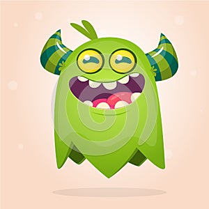 Green cute cartoon monster. Green vector alien character. Halloween design.