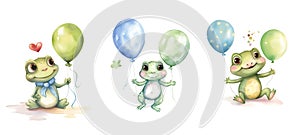 green cute frog with air balloon watercolor ai generated