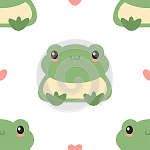 Green cute frog hand draw vector illustration. Smiling siting childish toad. Cartoon style