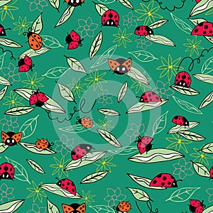 Green cute Ladybugs and leaves seamless pattern background. Cartoon ladybirds flying on dotted route, Summer pattern