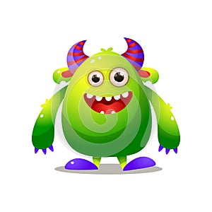 Green cute monster with violet horn and big hands