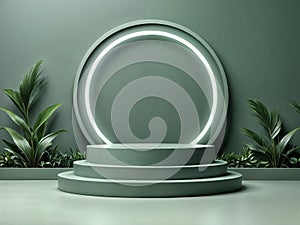 Green cylindrical podium or pedestal. Product presentation platform.