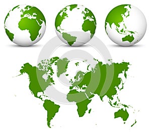 Green 3D Vector World - Globe Collection and Undistorted 2D Earth Map in Green Color.