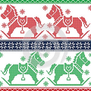 Green, dark blue , red Christmas Scandinavian seamless Nordic pattern with rocking dala pony horses, stars, snowflakes in c