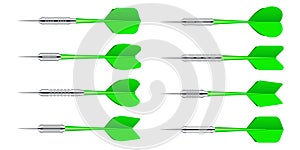 Green dart arrows with metal tip isolated on white background. Dart throwing sport game, dartboard equipment. Vector