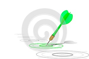 Green dart hit target on dartboard isolated on white background.