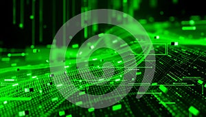 Green data stream, digital network, technology flow, and abstract connection. Stock Photo, Generative AI