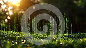 Green data visualization overlaying lush greenery, vibrant digital data, and nature photo