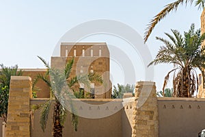 Green date trees growing in the park in the Ruins of Diraiyah, also as Dereyeh and Dariyya, a old town in Riyadh, Saudi Arabia photo