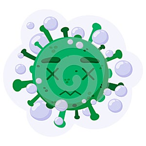 Green dead coronavirus with a bubble. Covid-19. Funny cartoon character with emotion. Sadness, chagrin. Vector illustration