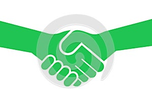 Green deal - green hands are doing handshake. Metaphor of agreement, contract and treaty on ecology and envirommental issue.