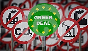 Green deal sign in front. Ecelogy and CO2 carbon dioxide neutrality concept. 3D rendered illustration.