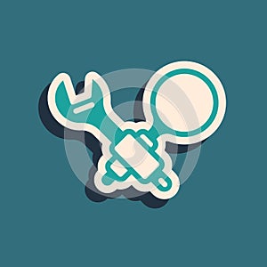 Green Debugging icon isolated on green background. Debugging tool. Magnifying glass on bug programming. Testing and