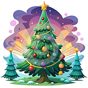 Green decorated christmas tree under rays of dramatic sky light . neural network generated art