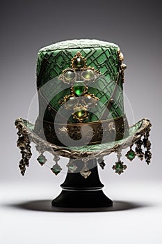 Green designer's top hat with emeralds. St. Patrick's day concept design. Classic vintage top hat isolated. AI