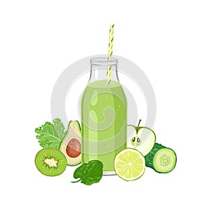 Green detox smoothie in bottle with straw. Healthy juice and fresh kale leaf, lime, apple, kiwi, avocado, spinach and cucumber.