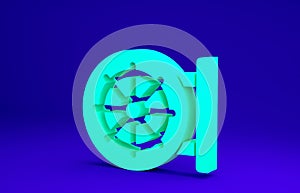 Green Dharma wheel icon isolated on blue background. Buddhism religion sign. Dharmachakra symbol. Minimalism concept. 3d