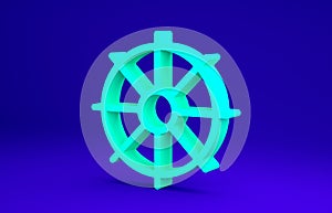 Green Dharma wheel icon isolated on blue background. Buddhism religion sign. Dharmachakra symbol. Minimalism concept. 3d