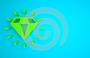 Green Diamond icon isolated on blue background. Jewelry symbol. Gem stone. Minimalism concept. 3D render illustration