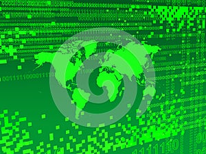 GREEN Digital background with pixels OVER WOLD MAP