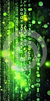 Green Digital Binary Code Data Flow Stream Matrix Background. Programming, Hacking Concept.