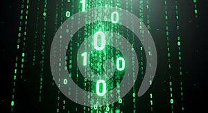 Green Digital Binary Code Falling Down in a Dark Environment data technology