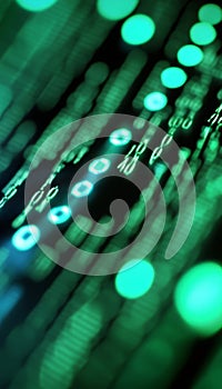 Green Digital Binary Data Flowing Code, Programming Script on a Computer Screen Background