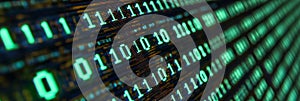 Green Digital Binary Data Flowing On Dark Background. Digital Code Numbers In Rapid Motion